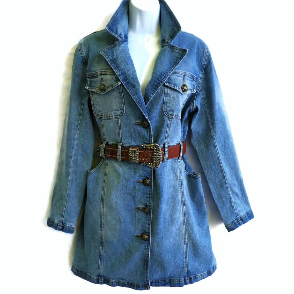 Vintage Mini Dress Heavy Denim Med Blue Wash Long Sleeves Chest Pockets M Med